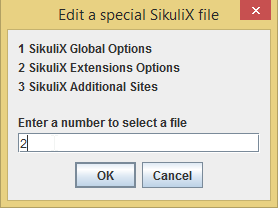 The Sikuli IDE Open Special Files dialogue box with option 2 entered